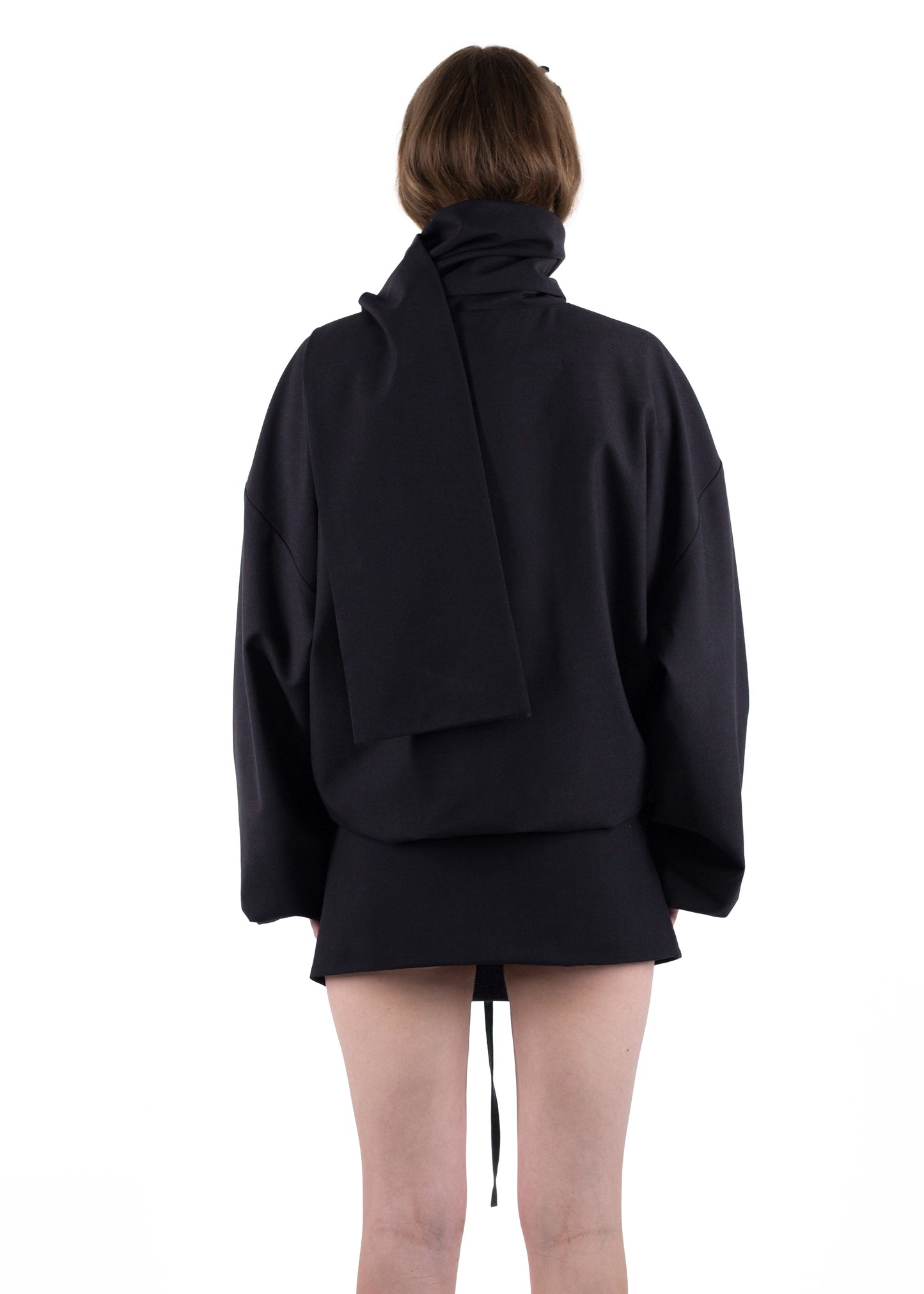 SS24 BLACK WOOL BOMBER WITH A MINI SKIRT/BELT