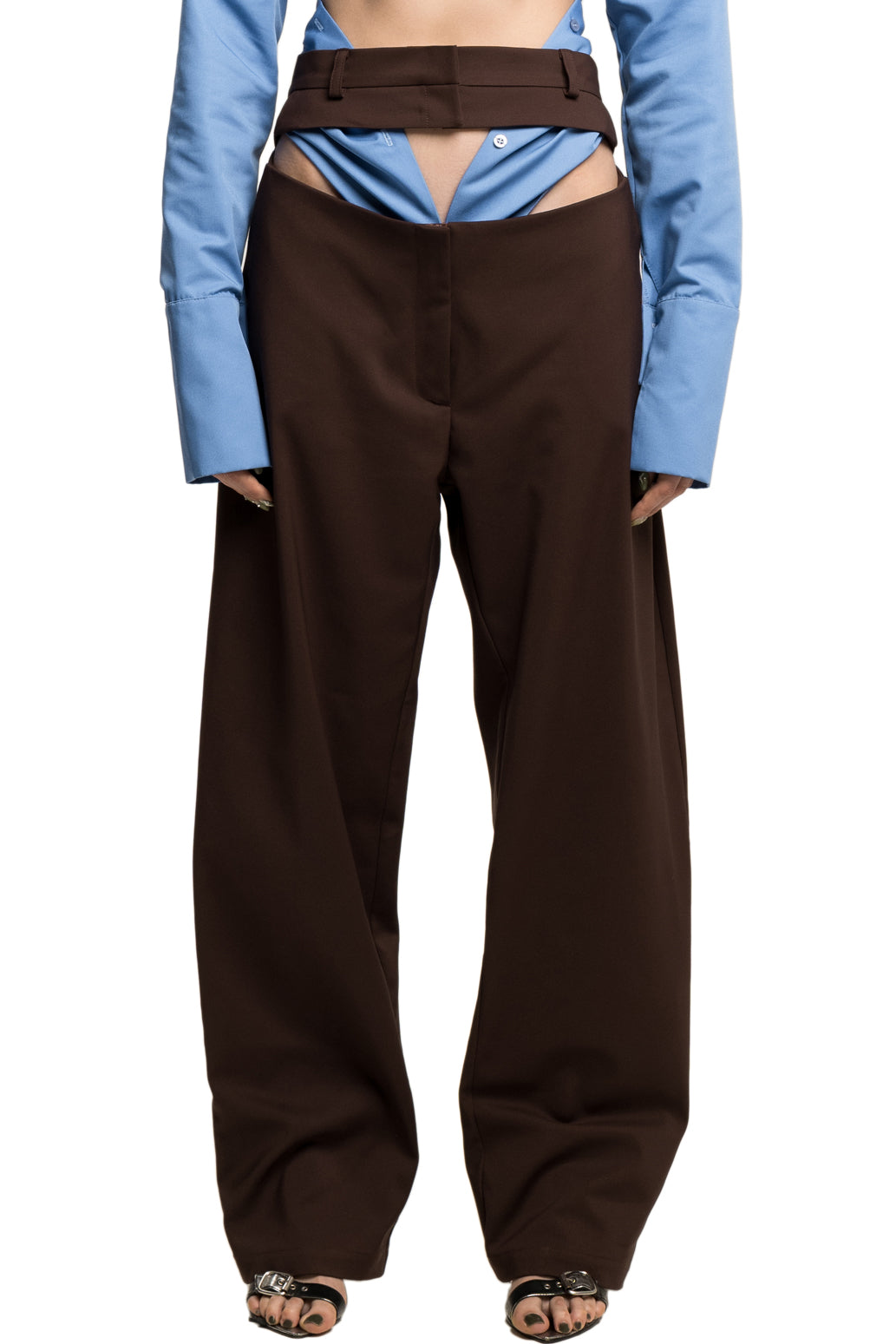 BROWN SLASHED SUIT WOOL TROUSERS