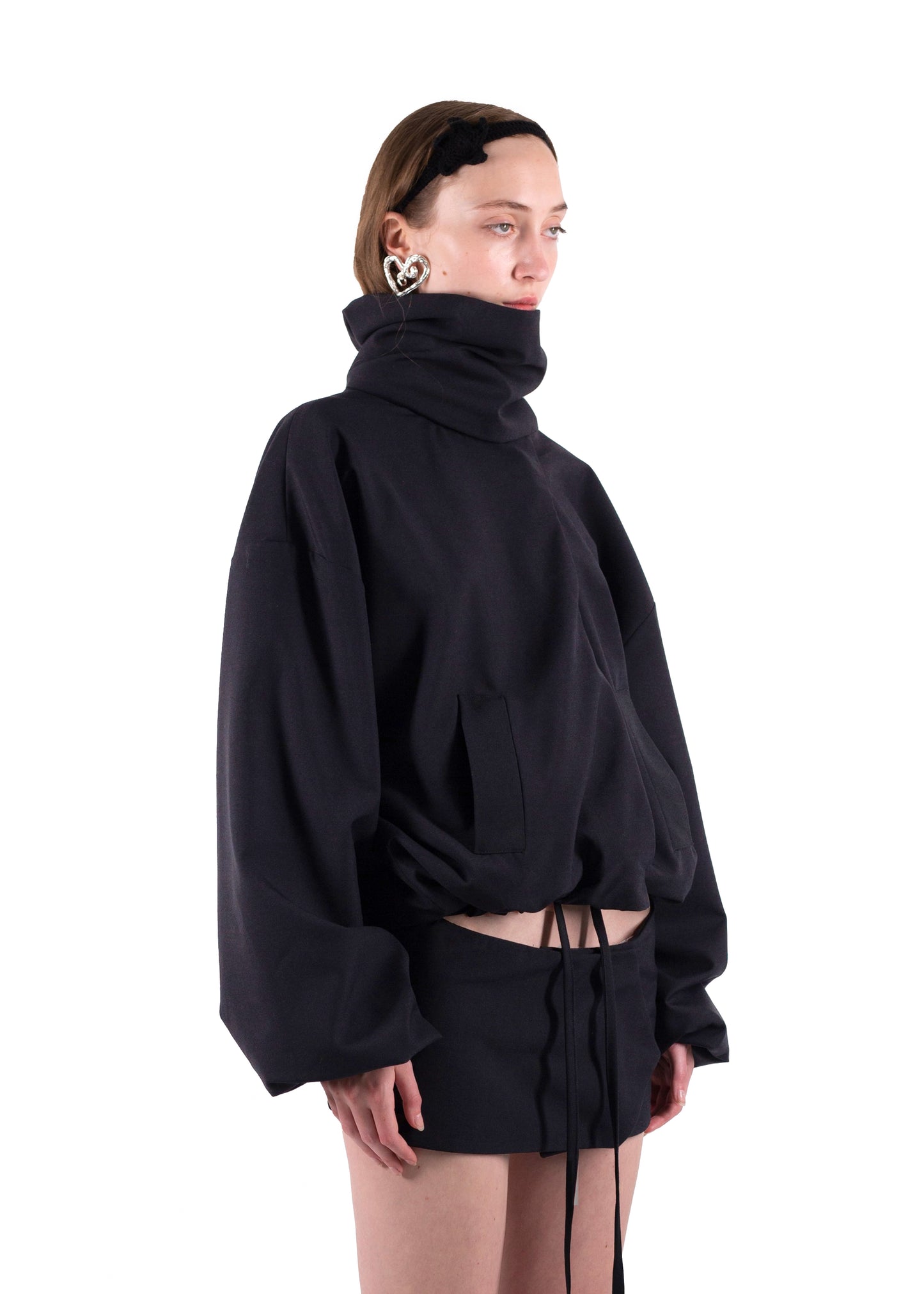 SS24 BLACK WOOL BOMBER WITH A MINI SKIRT/BELT